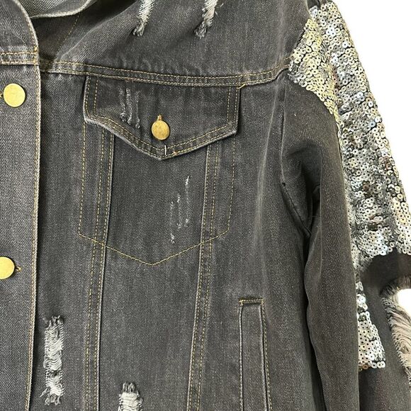 Fabrik Black Distressed Denim Embellished Jean Jacket Size Medium - Picture 9 of 13